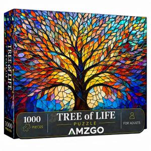 Amzgo 1000 Pieces Stained Glass Jigsaw Puzzle, Beautiful Tree of Life Art Puzzles for Adults, Unique Fun Impossible Hard Difficult Challenging Pretty Puzzles, Colorful Mosaic Nature Puzzle, 27.5 x 19.7 inches