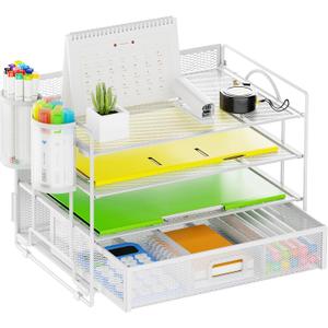 Marbrasse Desk Organizer and Accessories4-Tier Paper File Letter Tray Accessories & Workspace Desk Organizers with Drawer and 2 Pen Holders for School Home Office Supplies (White)