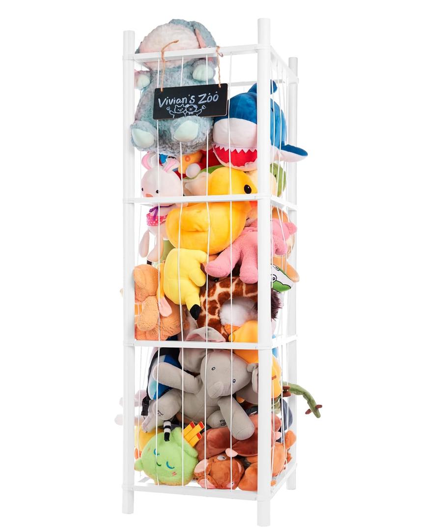 Large Stuffed Animal Storage Organizer, Wooden Stuffed Animal Storage Zoo, Toy Holder, Space Saving Toy Tower for Kidroom, Playroom, Kids Gift, White