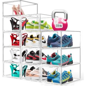 12 Pack Drop Front Acrylic Shoe Boxes with Magnetic Door Fit US Size 12, Clear Stackable Shoe Organizer for Closet, Entryway, Underbed, Multiple Display Cases for Hats, Figures, Sneakers