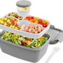Cherrysea Salad Lunch Container, 68oz Salad Bowls with 4 Compartments Tray,Leak Proof Lunch Box with Fork for Men,Women BPA-Free Snack Container with Sauce Container for Dressings-Grey (Gray)