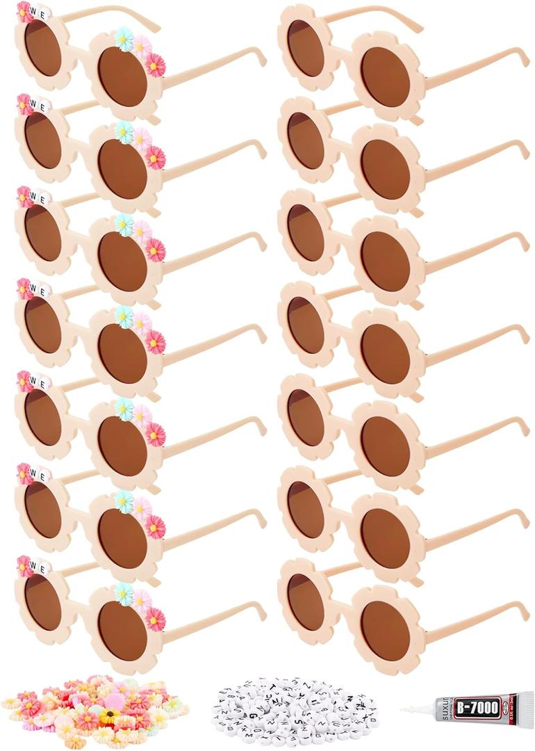 Dunzy 14 Pcs DIY Round Flower Sunglasses with 200 Random Letter Beads 50 Daisy Charms Glue for DIY Name, Mardi Gras Party (Fresh Color)