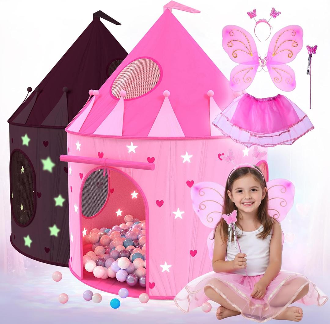 Playz Princess Castle Pop Up Tent & Dress Up Set  Kids Pink Playhouse Tent for Girls with Glow in The Dark Stars, Foldable Indoor Outdoor Toddler or Baby Girl Tent with Carrying Case