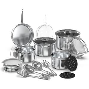 YSSOA 18-Piece Stainless Steel Kitchen Cookware Set, Including Saucepan, Casseroles with Tempered Glass Lid, Frypan, Steamer, Salad Bowl , Fryer Basket, Heat Resistant Mat & Utensils Set, Silver