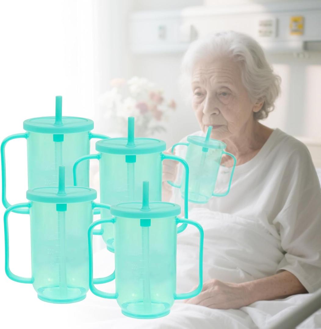 4 Pcs Adult Sippy Cups for Elderly, 12 oz Plastic Spill Proof Cup, Sippy Cups for Adults, Elderly Drinking Cups, with 2 Handles Straw and Lid for Adults Hospital Disabled Dysphagia Patients
