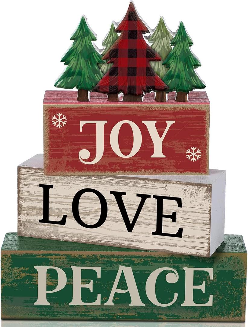 4 Pcs Christmas Table Decor Christmas Tree Centerpiece Joy Peace Love Sign Rustic Decorative Tree Block Signs Gift Winter Tiered Tray Decor Farmhouse for Home Xmas Party Kitchen Shelf