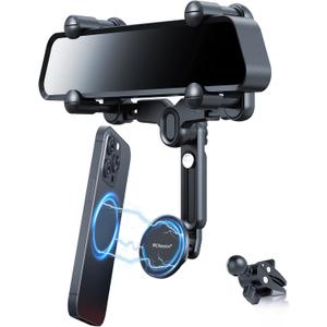 PROfezzion Rearview Mirror & Vent Clip Combo Magnetic Phone Holder Compatible with MagSafe on Car Rear View Mirror for iPhone 17 16 15 14 13 12 Pro Max Plus, MagSafe Case & All Phones [No Vibrating]