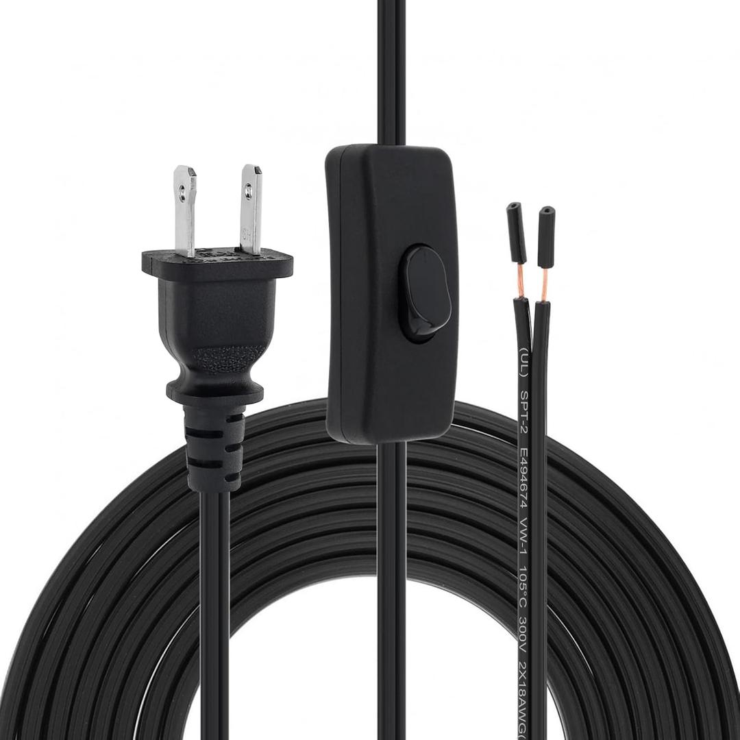 RTNLIT 12FT Lamp Cord with On/Off Button Switch and Polarized Plug, Stripped Ends Ready for Wiring, 18AWG SPT-2 Replacement Power Cord, Black