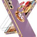 LeYi for Galaxy A56-5G Case: with 2 Pack Tempered Glass Screen Protector and 360 Rotatable Ring Holder Magnetic Kickstand, Plating Rose Gold Edge for Galaxy A 56 5G Case, Purple