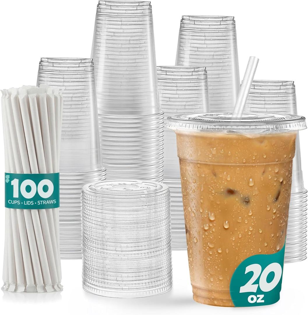 GUSTO [20 oz - 100 Sets Clear Plastic Cups with Lids and Straws Disposable Iced Coffee Cups for Cold Drinks, Smoothies, Boba, and To-Go Beverages Sturdy, Easy-to-Separate