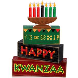 4 Pcs Happy Kwanzaa Table Decorations Kwanzaa Tiered Tray Decor Rustic African Candlestick Wood Block Tabletop Sign Gift Centerpiece Farmhouse Table Decor for Home Office Party Supplies