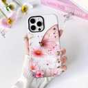 3 x NITITOP Compatible with iPhone 14 Pro Max Case Cute Butterfly Flowers Floral Pattern for Women Girls Glossy Hybrid 2 Layers Back Shockproof Protective Phone Cover - Pink