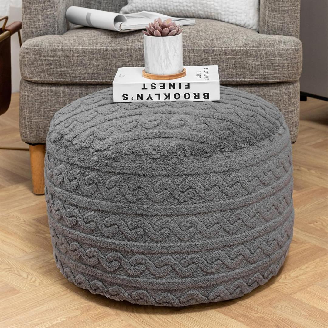 Ottoman Pouf Unstuffed 20x20x12 Inches Fluffy Ottoman Foot Rest No Filler Under Desk Foot Stool Great for Living Room Bedroom (Gray Pouf Without Filler)