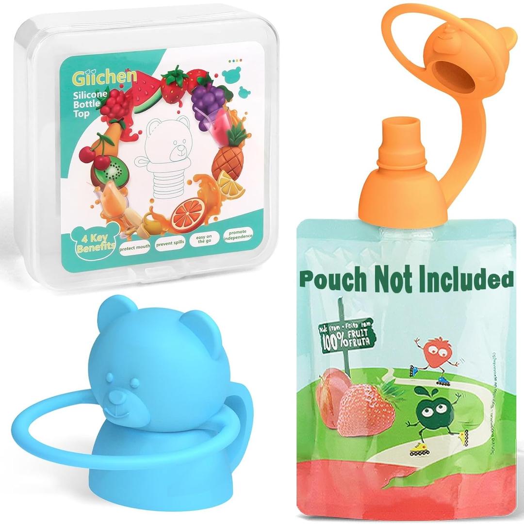 Soft Sip Food Pouch Topper - Food Grade Silicone Pouch Tops for Baby Prevent Spills, Led Weaning, Self Feeding, Protects Childs Mouth, BPA Free Food Pouch Lids - 2 Pack (Blue Orange)