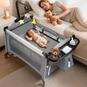 5 in 1 Pack and Play Baby Bassinet, Bedside Crib Sleeper, Portable Baby Crib with Diaper Changer, Storage Rack& Music Box Toy Bar, 1-Step Assembly Foldable Playard for Newborn to Toddlers
