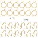 32 pcs Metal Drapery Curtain Rings Curtain Hanging Rings and 32 pcs Metal Curtain Drapery Pin Hooks for Window Door Shower Curtain, 30 mm/1.18 inch Internal Diameter (Gold)