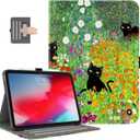 Case for iPad (A16) 11th Generation 2025, iPad 10th Generation Case with Pencil Holder Multi-Angle View Adjustable Stand Shockproof Protective with Pocket/Hand Strap/Auto Wake Sleep,Flower Garden Cat