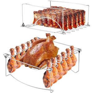 3-in-1 Rib Rack for Smoking & Chicken Leg Rack for Grill - Holds 6 Large Ribs, 12 Chicken Leg Wing, 1 Whole Chicken - Premium Foldable Space-Saving Chicken Drumstick Rib Racks for Grilling & Smoking