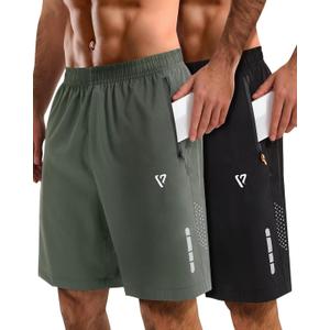2 Pack Mens Athletic Shorts Quick Dry 7 Inch Running Shorts Breathable Mesh Gym Workout Shorts with Zipper Pockets (Large, Black&army Green)