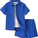 SweatyRocks Boy's 2 Piece Outfits Short Sleeve Collar Button Down Shirt and Shorts Clothing Set (Blue)