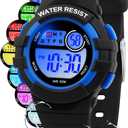 Juboos Kid's Digital Watch for Boys and Girls, Waterproof LCD Digital Sports Kids Watch with 7 Color LED Lights, Stopwatch, Alarm (Pitch black)