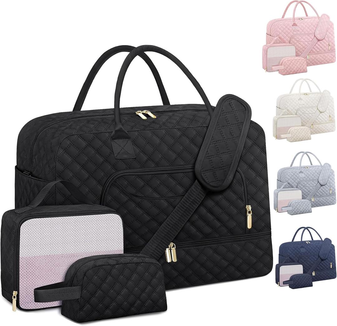Extra Large Travel Duffel Bag, Weekender Bags for Women with Shoe Compartment, Personal Item Travel Bag with Wet Pocket for Carry On Overnight, Gym, Airplanes and Hospital Bag Black