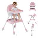 High Chairs for Babies and Toddlers, 4 in 1 Convertible Baby High Chair, Portable High Chair for Travel with Adjustable Height and Back, Foldable High Chair with Wheels& Pu Cushion (Pink)