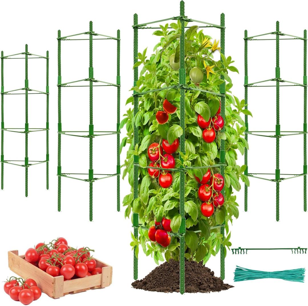 Halatool 4 Packs Tomato Cage, Up to 63lN Tomato Trellis Expandable Tomato Cages for Garden Tomato Plant Stakes with 120 Twist Ties Tall Cages with Adiustable Snap-On Arms for Vegetables Flowers