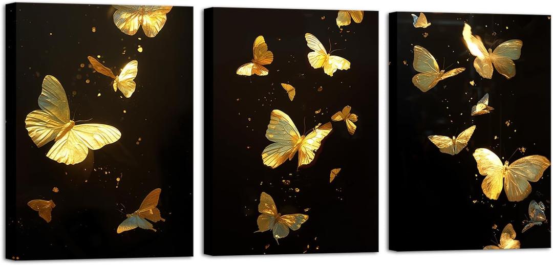 3 pieces Abstract Gold Butterfly Paintings Mimimalist Canvas Wall Art Flower Pattern Pictures Artwork Framed for Bathroom Living Room Bedroom Dining Room Kitchen Home Office Wall Decor