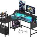 Lufeiya L Shaped Gaming Desk with Led Lights and Power Outlets, 47 Inch Corner Home Office Desk with Monitor Stand Shelves, Writing Study Computer Desks with Fabric Drawers for Bedroom, Black