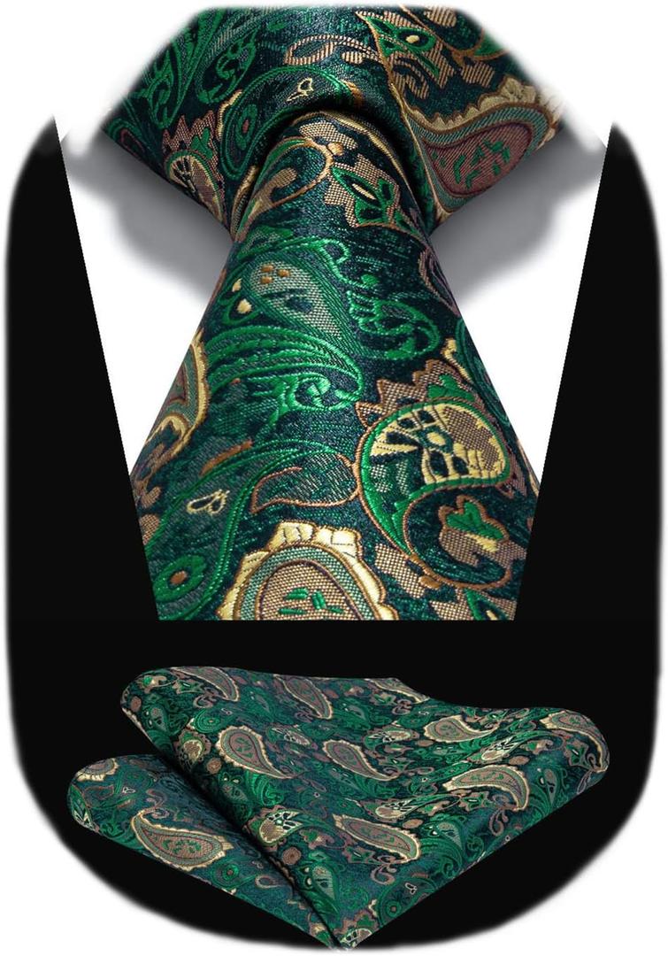 HISDERN Ties for Men Paisley Tie and Pocket Square Woven Classic Floral Mens Ties Handkerchief Set Wedding Party Necktie (B3-green)