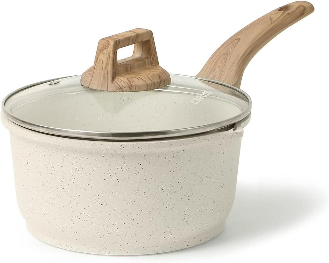 CAROTE 2Qt Sauce Pan Sets with Lid Cooking Pots Nonstick Saucepans Cookware Set with Pour Spout Small Kitchen Pot, Induction Comptable, Easy to Clean, PFOA FREE (White Granite)