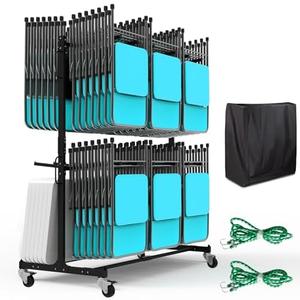 Eastrexon Updated Folding Chair Rack, Heavy-Duty Folding Chair Cart w/ 4 Swivel Wheels, Holds 12 Tables or 84 Chairs, Up to 1000 LBS Capacity, 2 Binding Ropes, 1 Dust Cover, 72“L x 33”W x 74”H, Black
