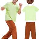 Adult Halloween Costume for Men Classic Retro Cartoon Slacker Outfit Green T-Shirt Brown Pants Wig Funny Mystery Cosplay (Medium)