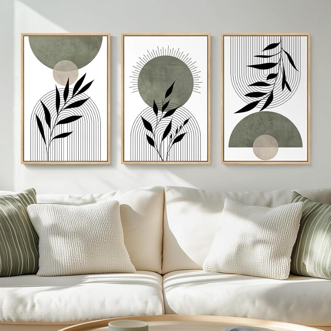 Framed Boho Sage Green Wall Art for Living Room, 3 Piece Large Abstract Botanical Canvas Artwork Decor, Beige White Sun Moon Geometric Leaf Painting Prints for Bedroom Dining Room Office 16x24 Inch, 24" H X 16" W X 3pcs