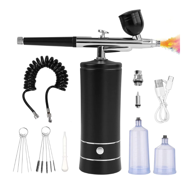 Prociv Airbrush Kit with Compressor, Auto Handheld Airbrush Gun with 0.3mm Tip, Rechargeable, Portable Air Brushes for Painting, Tattoo, Nail Art, Model Coloring, Makeup, Black