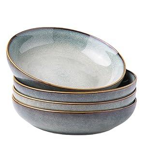 AmorArc 8.5'' Large Ceramic Pasta Bowls, 36oz Stoneware Pasta Serving Bowls Set of 4 for Kitchen, Wide Bowls for Pasta, Salad, Oatmeal, Microwave Safe, Reactive Glaze-Ocean