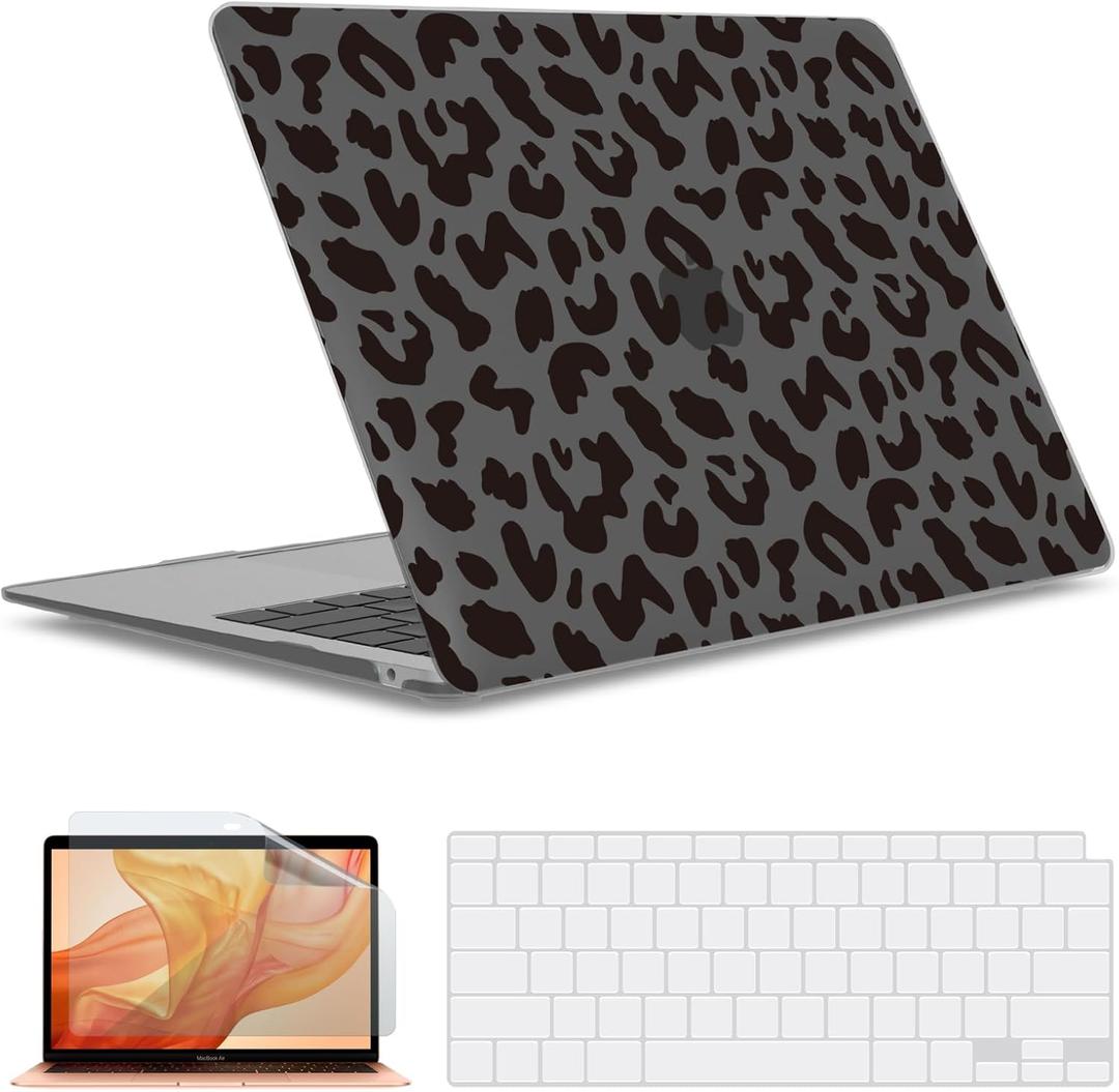 IBENZER Compatible with New MacBook Air 13 inch case 2022 2021 2020 M1 A2337 A2179 A1932, Hard Shell Case&Keyboard Cover&Screen Film for Mac Air 13 (2018-2022), Black Leopard, AT13-LP-BK+2