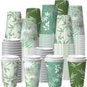 100 Pcs Greenery Disposable Coffee Cups with Lids 12oz Sage Green Themed Leaves Pattern Paper Cups Travel Coffee Mugs for Spring Summer Party Outdoor Picnic Wedding Restaurant Supplies