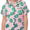 Veseacky Girls Silk Pajamas Boys Baby Button Down Hawaiian Flower Pajama Set Short Sleeve Pjs Summer Lounge Sets Sleepwear (Green leaf,6y 7y)