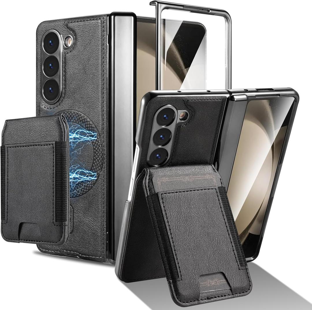 For Samsung Galaxy Z Fold 5 Case [Compatible with MagSafe] Built-in Screen Protector and Hinge Protection, Vintage Matte PU Leather with Magnetic Z Fold 5 Case Phone Cover Protective - Black