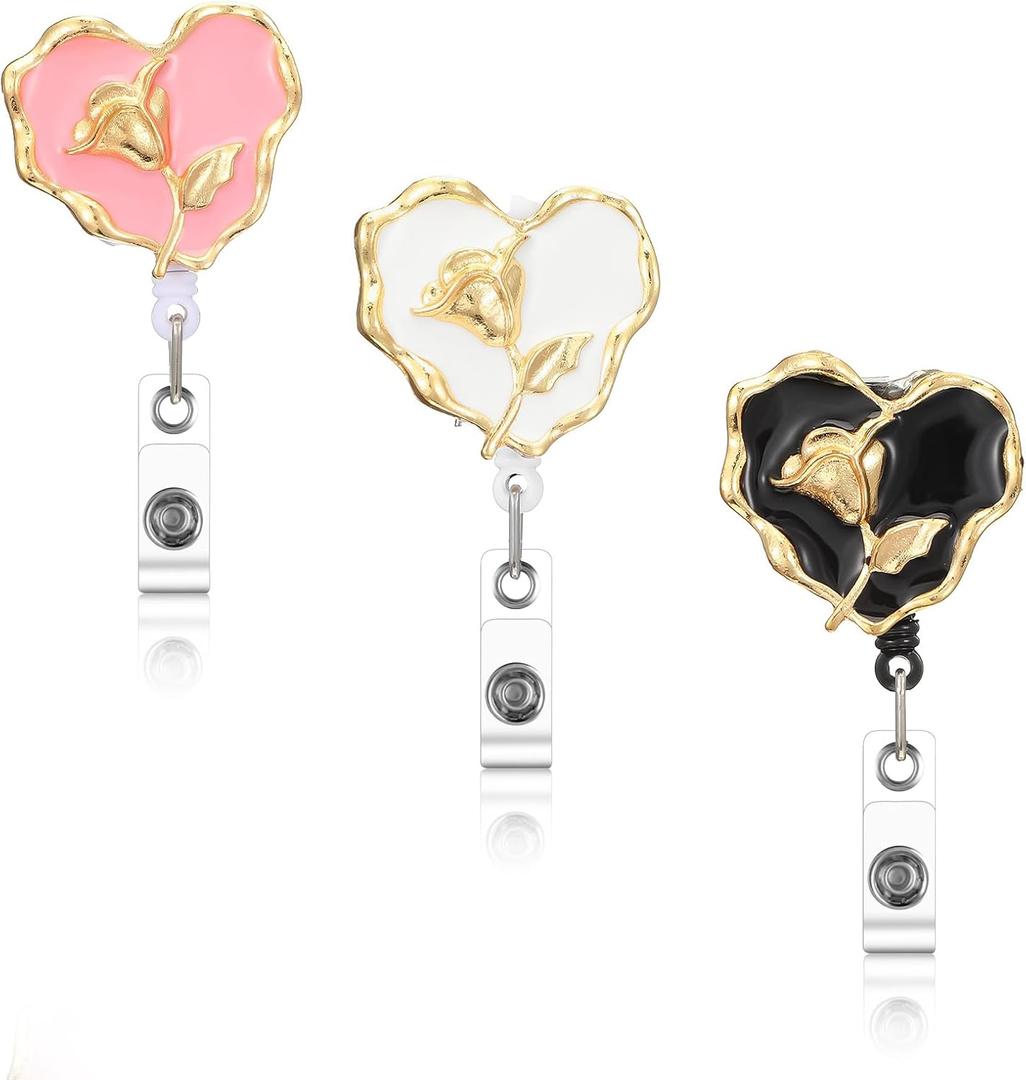3pcs Heart Badge Reel,Cute Flower Badge Reels Retractable Badges Holder Clip,360Rotation Name Badges Holder Alligator Clip for Teacher Nurse Doctor Worker