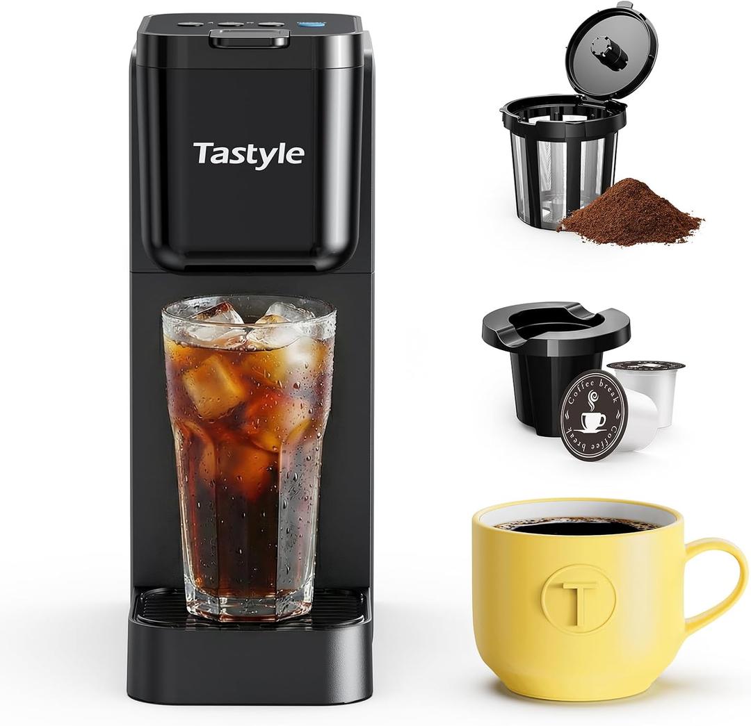 Tastyle Single Serve Coffee Maker for K Cup and Ground Coffee | Brew up to 16 Oz, Fits 7.3'' Travel Mug | Hot, Bold & Over Ice | Compact for Office, RV& Hotel, Classic Black (3.0 Version)