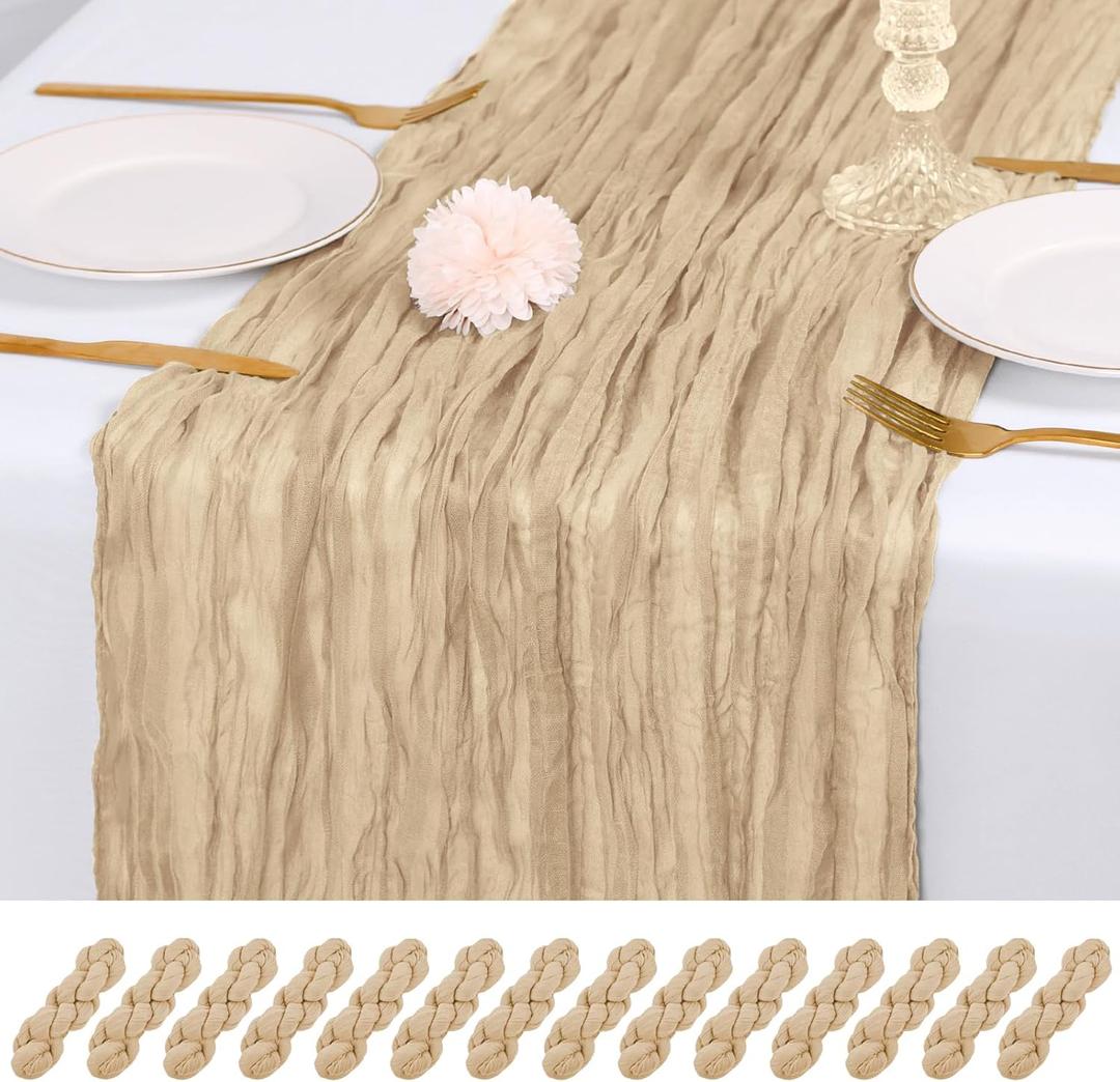 14 Pack Beige Cheesecloth Table Runner 17x108 Inch Semi Sheer Boho Gauze Cheese Cloth Fabric Table Runners, for Wedding Party Baby Shower Birthday Home Decor Garden Farmhouse