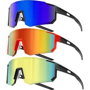 Sport Cycling Sunglasses for Men - Women 3 Pack Baseball Shades Sports Glasses for Running MTB Bike Softball (B-blue Orange Gold)