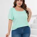 Womens Plus Size Tops Square Neck Puff Short Sleeve Loose Fit Casual Solid Summer Tee T Shirts (1X-5X)