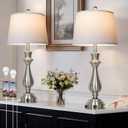 Cinkeda Silver Touch Lamps for Night Stands Set of 2-29.5" Tall Bedside Lamp with USB C+A, 3 Way Dimmable Bedroom Lamps, Brushed Nickel Table Lamps for Living Room