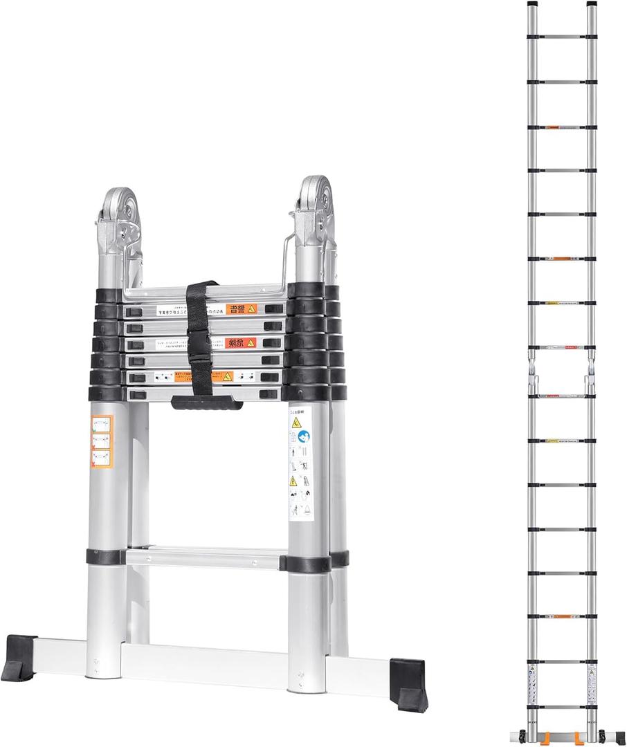 16.5FT Telescoping A Frame Ladder with Anti-Slip Feet, Multi Position Extension Telescopic Ladder with Stabilizers, Foldable Lightweight Collapsible Ladder for Home Indoor Outdoor Rv, 330LBS Capacity