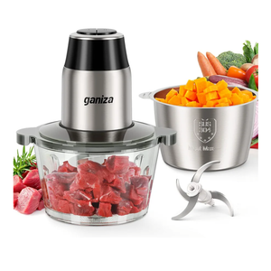 GANIZA Food Processors, Electric Food Chopper with Meat Grinder & Vegetable Chopper - 2 Bowls (8 Cup+8 Cup) with Powerful 450W Copper Motor - Includes 2 Sets of Bi-Level Blades for Fruits/Meat/Nuts