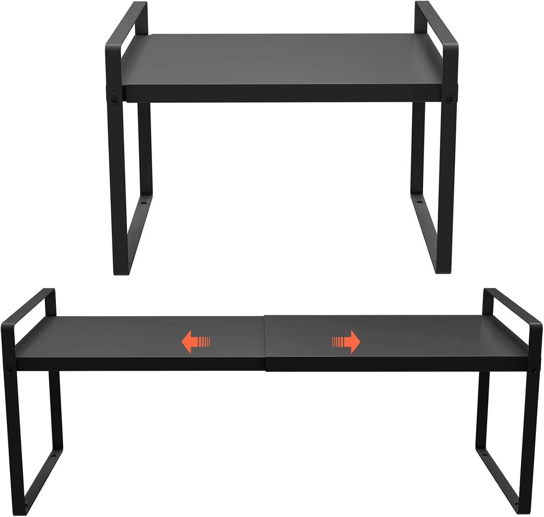(2-Pack) 11" Cabinet Shelf Organizer Set, 14"~25" Expandable Shelves for Kitchen Cabinets & Cupboards, Perfect for Dishes, or Small Appliance Storage